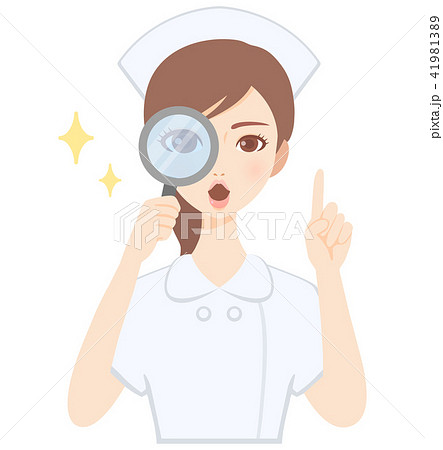 虫眼鏡をのぞく若い看護師 白衣 かわいい フラット イラストのイラスト素材