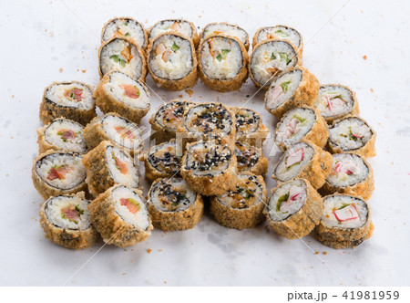 Japanese food restaurant, sushi maki gunkan roll plate or platter set. Sushi set and composition 41981959