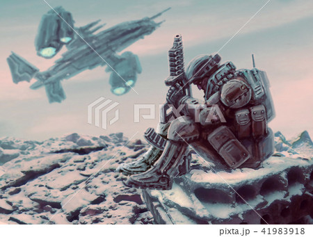 Soldier of the future sits with large plasma gun. Soldier of the future sits with large plasma gun. 41983918