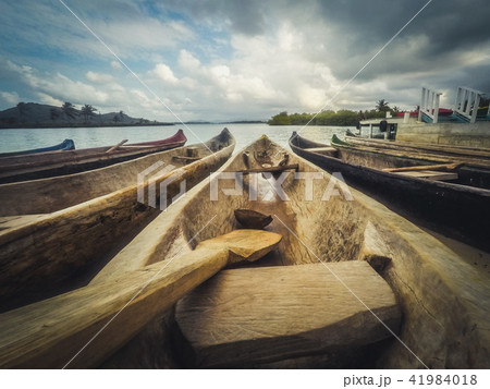 wooden canoe boats, traditional wood boat closeup 41984018