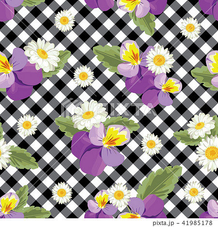Floral seamless pattern. Pansies with chamomiles on black and white gingham, chequered background Floral seamless pattern. Pansies with chamomiles on black and white gingham, chequered background 41985178