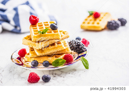 Fresh waffles with berries sugar powder ant mint. 41994303
