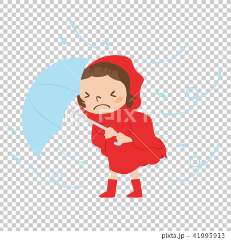 雨と風の中 傘をさして歩く危険な状態の女の子のイラストのイラスト素材