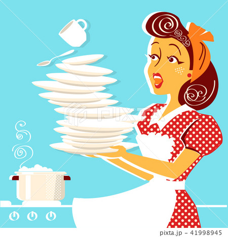 Portrait of Clumsy attractive woman falling plates 41998945