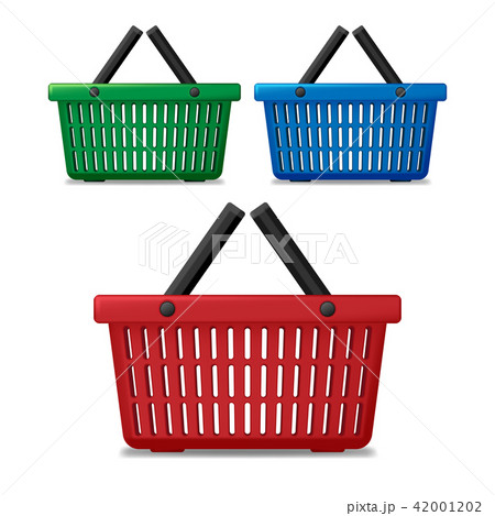 Realistic red, blue and green empty supermarket shopping basket isolated. Basket market cart for 42001202
