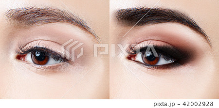 Female eye before and after makeup. Female eye before and after makeup. 42002928
