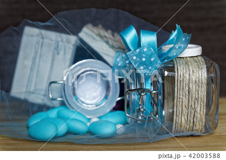 Decorative jar with bow and blue stones  42003588