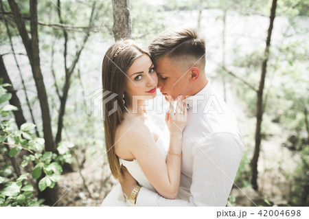 Kissing wedding couple staying over beautiful landscape Kissing wedding couple staying over beautiful landscape 42004698
