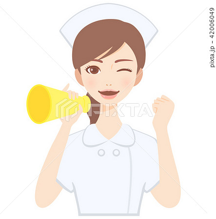 メガホンを持って応援をする若い看護師 白衣 かわいい フラット イラストのイラスト素材