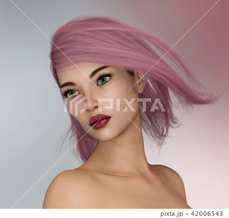 Young woman with blowing violet hair  42006543