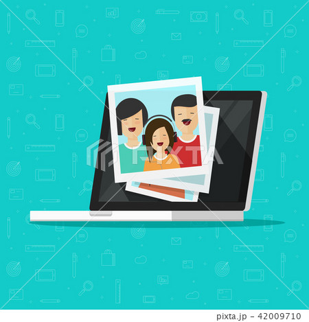 Photos on laptop computer screen vector illustration, flat cartoon photo cards on pc display, idea Photos on laptop computer screen vector illustration, flat cartoon photo cards on pc display, idea 42009710