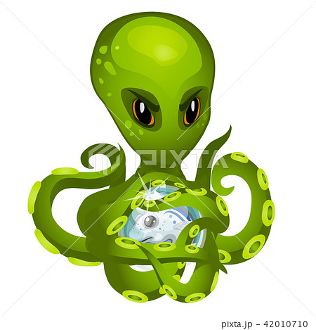 Cartoon green alien octopus holding in tentacles the embryo fish isolated on white background 42010710