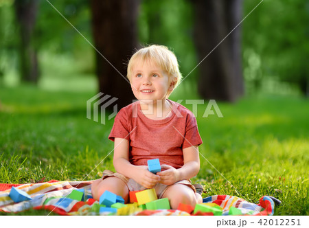 Cute preschooler boy playing with colorful cubes on the grass in summer park 42012251