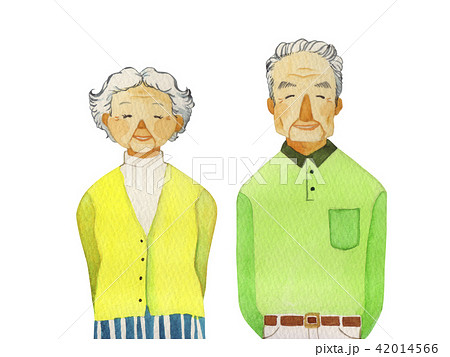 笑顔で並ぶ老夫婦 シニア 人物 水彩 イラストのイラスト素材