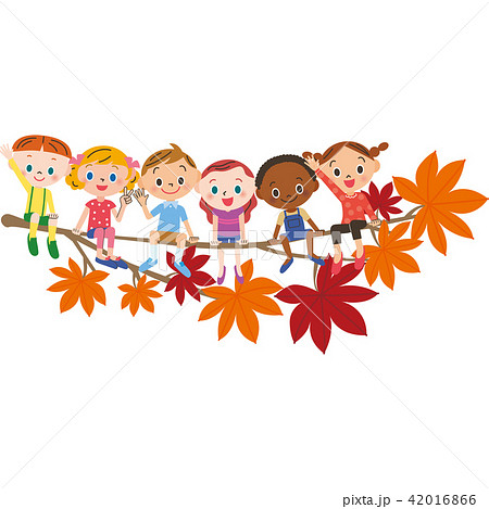 紅葉に座る子供達のイラスト素材