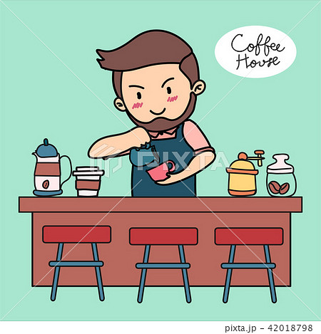 Cartoon Barista Pouring Latte Art In Coffee Shopのイラスト素材