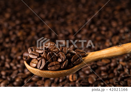 Roasted coffee beans in a wooden spoon Roasted coffee beans in a wooden spoon 42021166