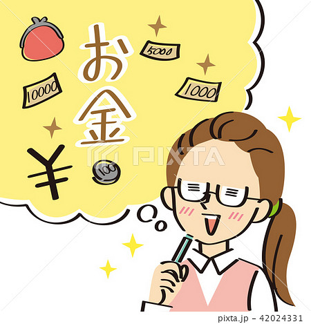 お金に関することを想像する事務服の女性のイラスト素材