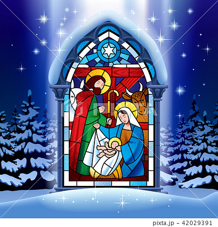 Christmas Stained Glass Window In Winter Forestのイラスト素材