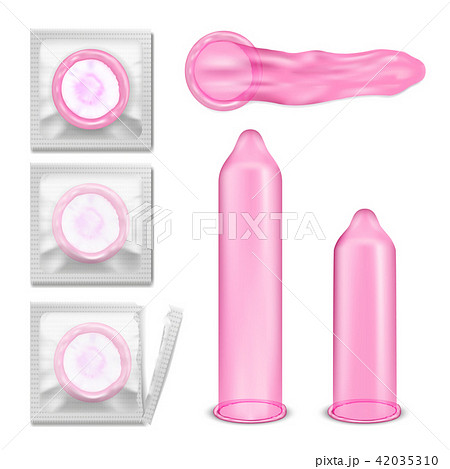 Set of illustrations of pink latex condoms in packing and without. Set of illustrations of pink latex condoms in packing and without. 42035310