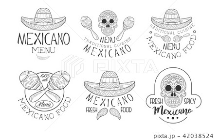 Vector set of hand drawn emblems for Mexican restaurant. Logo templates with sombrero hats and Vector set of hand drawn emblems for Mexican restaurant. Logo templates with sombrero hats and 42038524