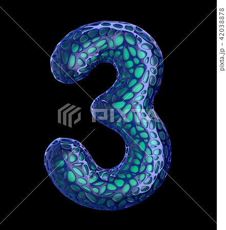 Number 3 three made of blue plastic with abstract holes isolated on black background. 3d 42038878