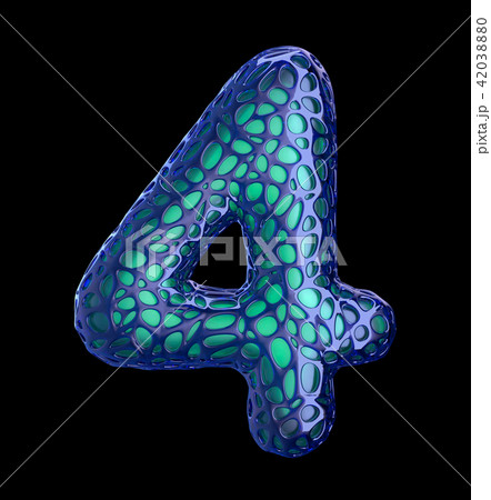 Number 4 four made of blue plastic with abstract holes isolated on black background. 3d 42038880