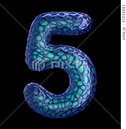 Number 5 five made of blue plastic with abstract holes isolated on black background. 3d 42038881
