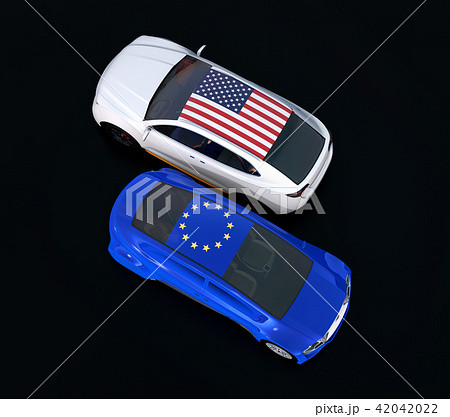 自動車に米国とEUの旗。欧米における車関税掛け合い、貿易戦争勃発のコンセプト 42042022