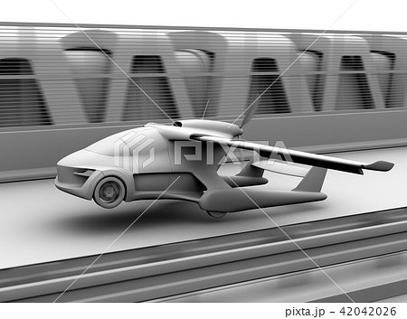 高速道路に離陸（着陸）しているフライングカーのクレイレンダリングイメージ 42042026