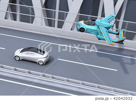 高速道路走行中の車の上空を通過するフライングカー 空飛ぶ車 のコンセプトイメージのイラスト素材 4432