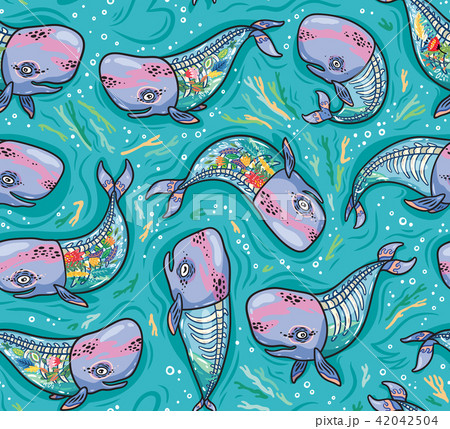 Seamless pattern with floral anatomy whales in cartoon style. Vector illustration Seamless pattern with floral anatomy whales in cartoon style. Vector illustration 42042504