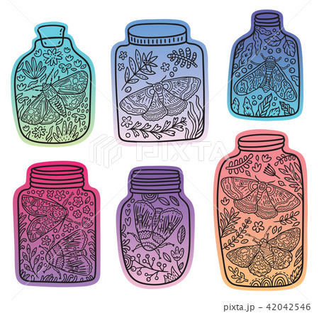 Hand drawn floral jars with moth and butterfly. Vector stickers with trendy gradient 42042546