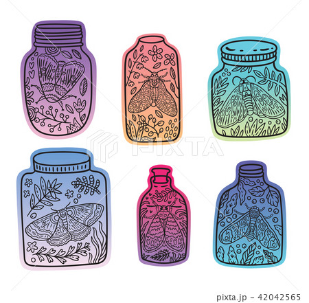 Hand drawn floral jars with moth and butterfly. Vector stickers with trendy gradient Hand drawn floral jars with moth and butterfly. Vector stickers with trendy gradient 42042565