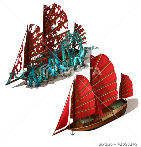 Beautiful old sailboat with red sails isolated on a white background. Ship after shipwreck is Beautiful old sailboat with red sails isolated on a white background. Ship after shipwreck is 42055245
