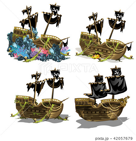 The sunken pirate ship overgrown coral polyps. Stage of growth and formation of coral reefs isolated The sunken pirate ship overgrown coral polyps. Stage of growth and formation of coral reefs isolated 42057679