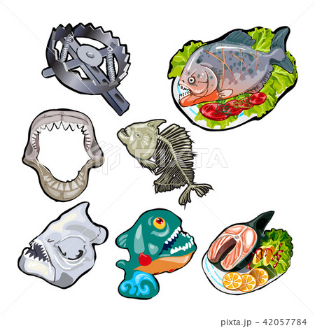 Set on the theme of toothy fish. Meals of piranha and sharks. Skeleton, jaw, skull of the ancient 42057784