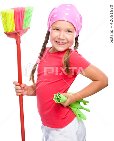 Young girl is dressed as a cleaning maid Young girl is dressed as a cleaning maid 42061680