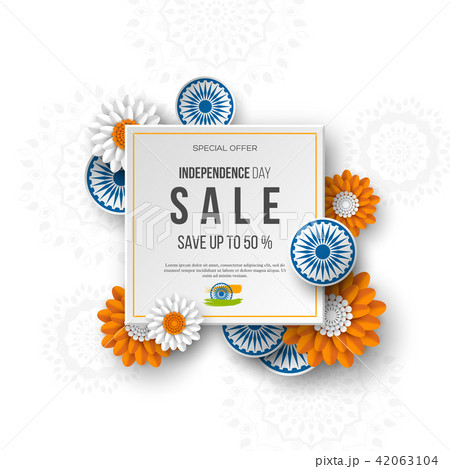 Indian Independence day sale banner. 3d wheels with flowers in traditional tricolor of indian flag Indian Independence day sale banner. 3d wheels with flowers in traditional tricolor of indian flag 42063104