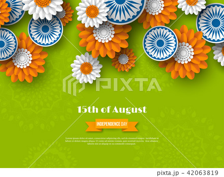 Indian Independence day holiday design. 3d wheels with flowers in traditional tricolor of indian 42063819