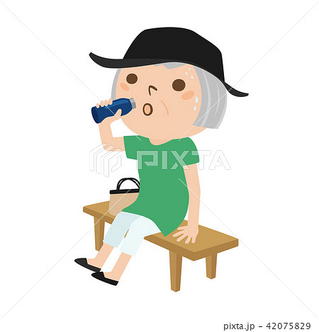気温が高い日に汗をかいて水筒の水を飲んでいる高齢の女性のイラストのイラスト素材 4759