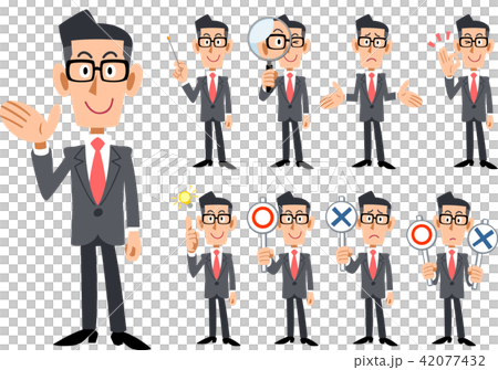 赤いネクタイとグレーのスーツ着用の メガネをかけたビジネスマンの仕草と表情 全身9種類のイラスト素材