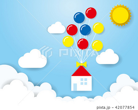 風船で空飛ぶ家 夏の太陽と青空と入道雲のイラスト素材