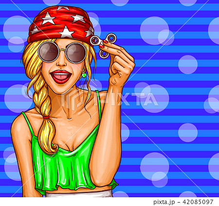 pop art illustration of a young girl, teenager playing with a fidget spinner. 42085097