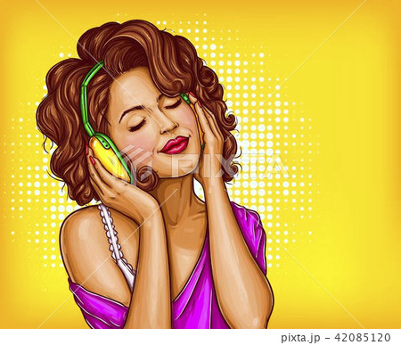 Woman listening music in headphones pop art  Woman listening music in headphones pop art  42085120