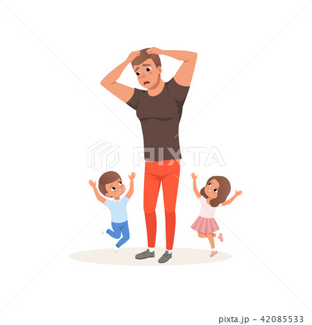 Tired father and his children who want to play, parenting stress concept, relationship between 42085533