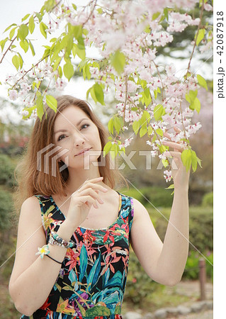 日本で桜の花見をする若い西洋人女性 42087918