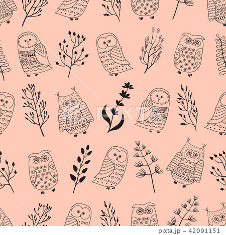 Cute doodle owls and branches seamless pattern 42091151