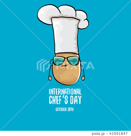 International chef day vector greeting card. vector funny cartoon tiny brown smiling chef potato 42091847