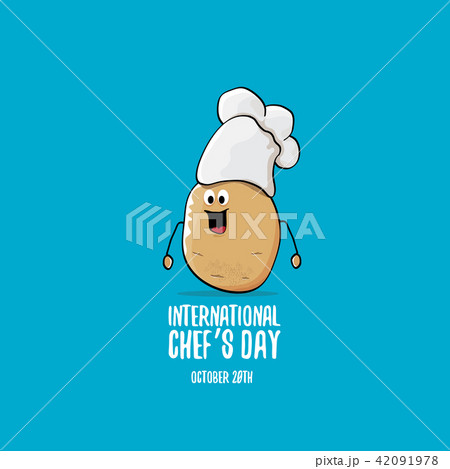 International chef day vector greeting card. vector funny cartoon tiny brown smiling chef potato International chef day vector greeting card. vector funny cartoon tiny brown smiling chef potato 42091978